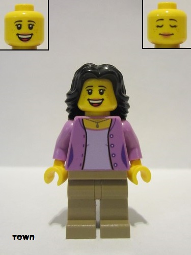 lego 2017 mini figurine twn290 Mom Medium Lavender Jacket over Lavender Shirt, Dark Tan Legs, Black Hair 