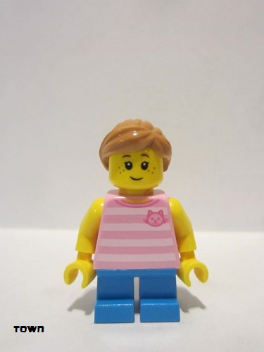 lego 2017 mini figurine twn293 Girl Bright Pink Striped Top with Cat Head, Dark Azure Short Legs and Medium Nougat Ponytail and Swept Sideways Fringe 