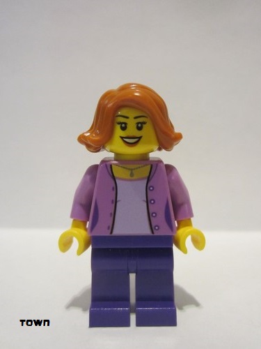 lego 2017 mini figurine twn299 Mom Medium Lavender Jacket over Lavender Shirt, Dark Purple Legs, Dark Orange Female Hair Short Swept Sideways 