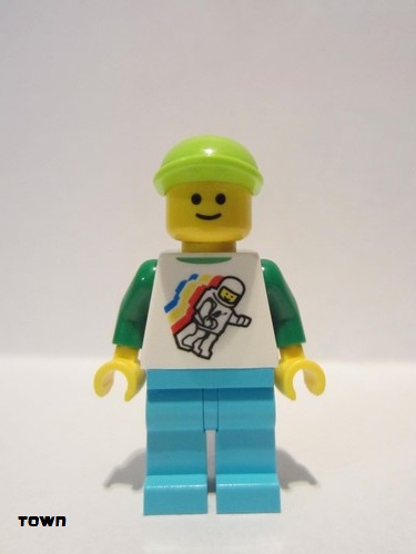 lego 2017 mini figurine twn304 Citizen Classic Space Minifigure Floating Pattern, Medium Azure Legs, Lime Short Bill Cap 