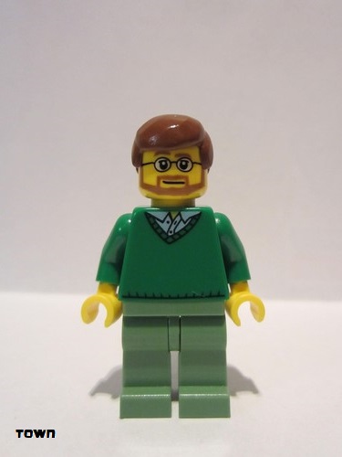 lego 2018 mini figurine cty0893 Citizen Green V-Neck Sweater, Sand Green Legs, Reddish Brown Hair, Beard 