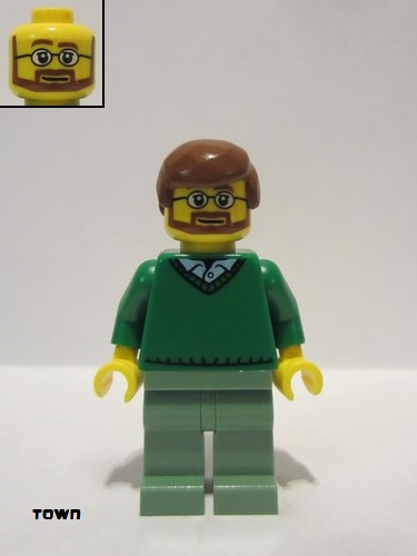 lego 2018 mini figurine cty0893a Citizen Green V-Neck Sweater over Button Down Shirt Collar with 1 Button, Sand Green Legs, Reddish Brown Hair, Beard 