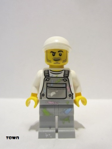 lego 2018 mini figurine cty0897 Citizen Light Bluish Gray Overalls with Paint Splatters, Light Bluish Gray Legs, White Short Bill Cap, Stubble 