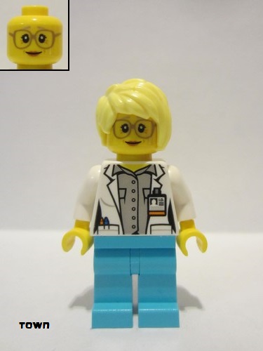 lego 2018 mini figurine cty0901 Citizen White Shirt over Light Bluish Gray Shirt, Name Tag, Medium Azure Legs, Bright Light Yellow Female Hair, Glasses 