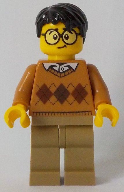 lego 2018 mini figurine cty0902 Citizen Medium Nougat Argyle Sweater, Dark Tan Legs, Black Hair, Large Round Glasses 