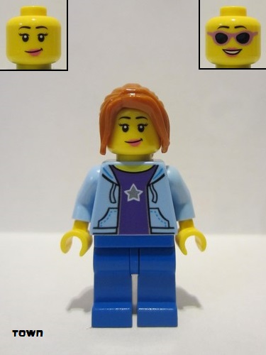 lego 2018 mini figurine cty0911 Hiker Female, Bright Light Blue Hoodie over Dark Purple Star Shirt, Dark Orange Ponytail Long with Side Bangs 