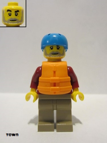 lego 2018 mini figurine cty0913 Rafter Male Parent, Dark Azure Sports Helmet, Orange 2 Strap Life Jacket 