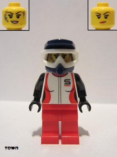 lego 2018 mini figurine cty0916 Trail Cyclist Female, Red and White Race Jacket, Dark Blue Dirt Bike Helmet 