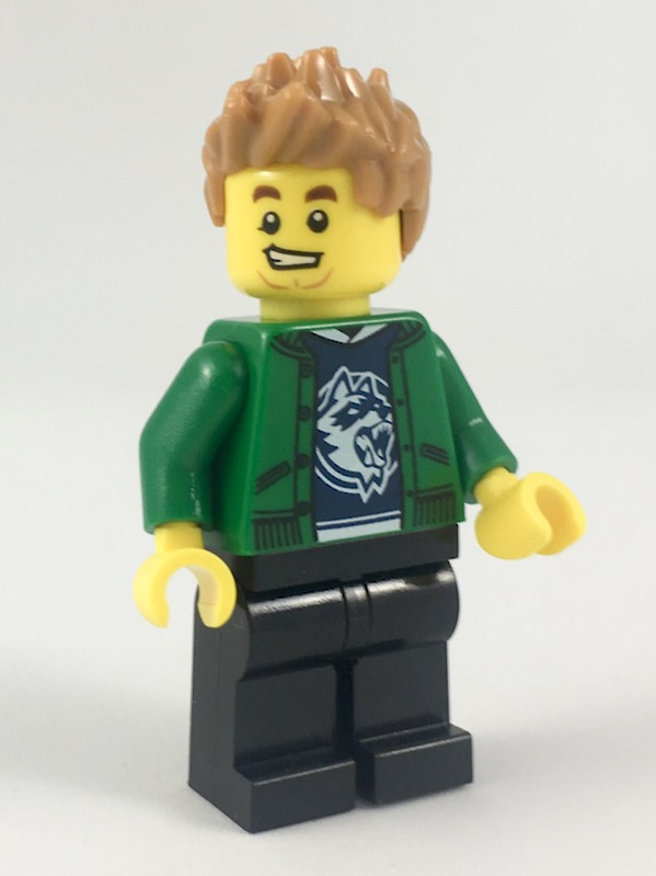 lego 2018 mini figurine cty0920 Hiker Male, Green Jacket over Raccoon Shirt, Black Legs, Medium Nougat Spiked Hair 