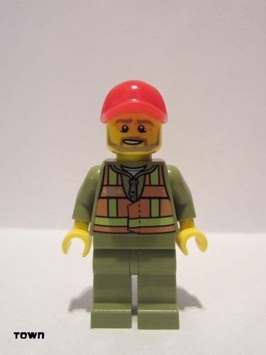 lego 2018 mini figurine trn244 Train Driver Orange Safety Vest with Lime Straps, Olive Legs, Red Cap with Hole, Beard Dark Tan Angular 