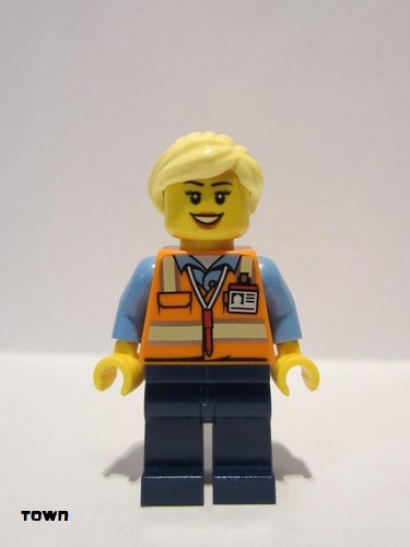 lego 2018 mini figurine trn245 Train Worker Female, Orange Safety Vest with Badge, Dark Blue Legs, Bright Light Yellow Ponytail and Swept Sideways Fringe 