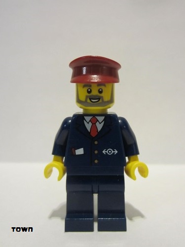 lego 2018 mini figurine trn248 Citizen Dark Blue Suit with Train Logo, Dark Blue Legs, Dark Red Hat, Gray Beard 