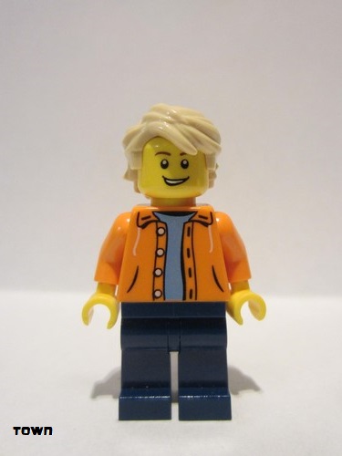 lego 2018 mini figurine twn305 Citizen Orange Jacket with Hood over Light Blue Sweater, Dark Blue Legs, Tan Tousled Hair, Open Lopsided Grin 