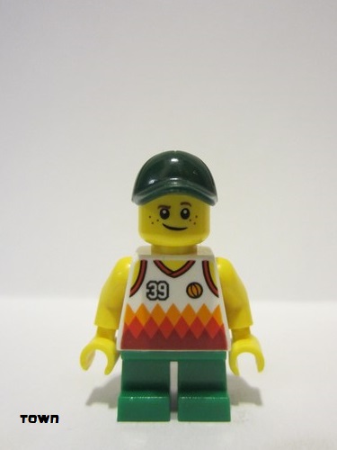 lego 2018 mini figurine twn329 Boy Jersey with #39, Green Short Legs, Dark Green Cap 