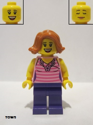 lego 2018 mini figurine twn330 Woman Striped Pink Shirt with Flower Necklace, Dark Purple Legs, Dark Orange Female Hair Short Swept Sideways 