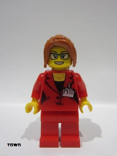 lego 2018 mini figurine twn354 Reporter Female, Dark Orange Hair with Sidebangs, Glasses, Red Blazer with Press Pass (Red Ludo) 