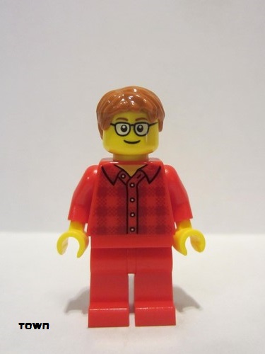 lego 2018 mini figurine twn355 Citizen Male with Dark Orange Hair, Glasses, Red Flannel Shirt, Red Legs (Ludo Red) 