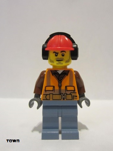 lego 2019 mini figurine cty0955 Construction Worker Orange Zipper, Safety Stripes, Belt, Brown Shirt, Sand Blue Legs, Red Construction Helmet, Headphones, Slight Smile, Stubble 