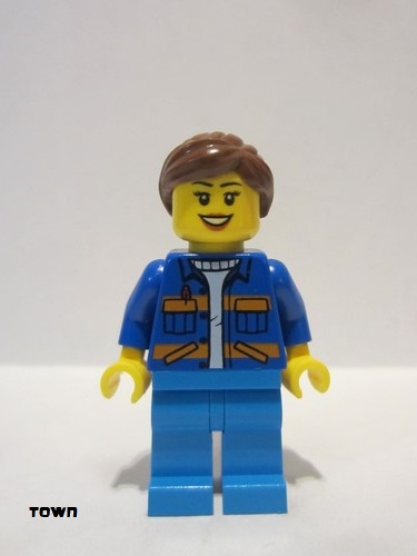 lego 2019 mini figurine cty0957 Garbage Worker Female, Blue Jacket with Diagonal Lower Pockets and Orange Stripes, Dark Azure Legs, Reddish Brown Ponytail 