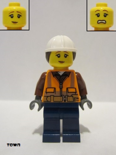 lego 2019 mini figurine cty0969 Construction Worker Female, Helmet with Ponytail, Closed Mouth with Peach Lips 