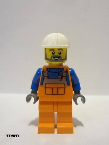 lego 2019 mini figurine cty0971 Construction Worker Orange Overalls over Blue Shirt, White Construction Helmet, Open Mouth with Beard 