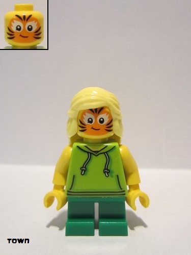 lego 2019 mini figurine cty1014 Girl Lime Hoodie, Green Short Legs, Orange Cat Face Paint 