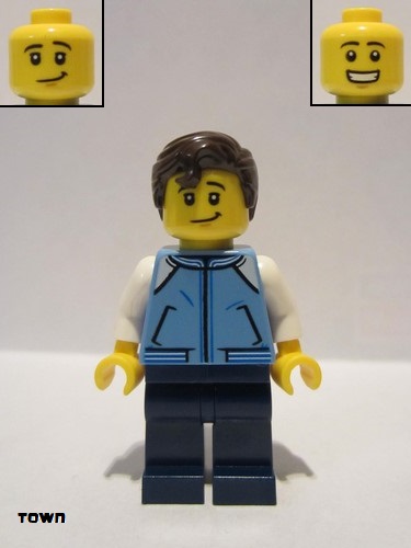 lego 2019 mini figurine cty1021 Teenage Boy Medium Blue Jacket, Dark Blue Legs, Dark Brown Hair Swept Right with Front Curl 