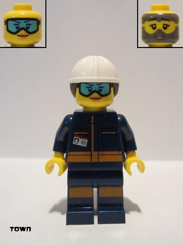 lego 2019 mini figurine cty1038 Rocket Engineer Female, Dark Blue Jumpsuit, White Construction Helmet with Dark Brown Ponytail Hair, Light Blue Goggles and Face Covered with Dirt 