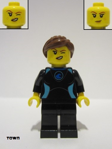 lego 2019 mini figurine cty1051 Surfer Female, Black Wetsuit with Medium Azure Trim, Reddish Brown Hair 