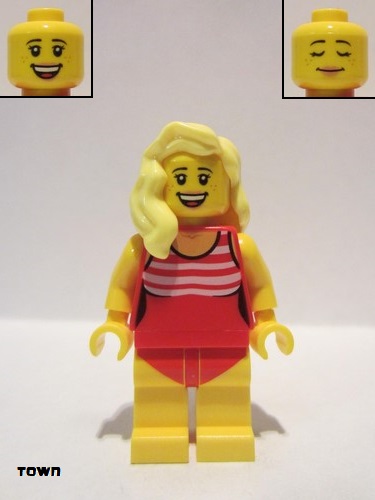 lego 2019 mini figurine cty1053 Swimmer Female, Red Swimsuit with White Stripes, Bright Light Yellow Hair 