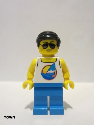 lego 2019 mini figurine cty1054 Beach Tourist Male, White Tank Top with Dark Azure Sailboat, Dark Azure Legs, Black Hair 