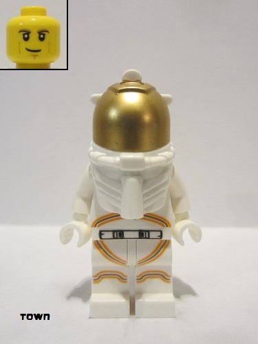 lego 2019 mini figurine cty1055 Astronaut Male, White Spacesuit with Orange Lines, Smirk, Cheek Lines, Black and Dark Tan Eyebrows 