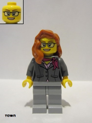 lego 2019 mini figurine cty1058 Scientist Female, Dark Bluish Gray Jacket with Magenta Scarf, Dark Orange Female Hair over Shoulder, Glasses 