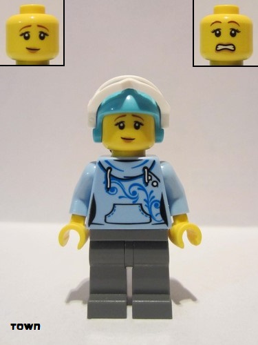 lego 2019 mini figurine cty1088 Skier Female, Bright Light Blue Hoodie, Medium Azure Ski Helmet, Ponytail 