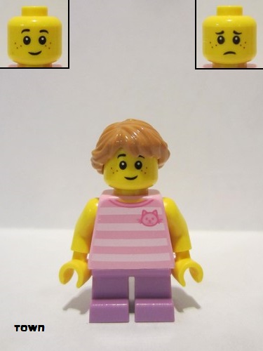 lego 2019 mini figurine twn356 Child Girl With Long Medium Nougat Braid, Bright Pink Striped Cat Shirt, and Medium Lavender Legs 