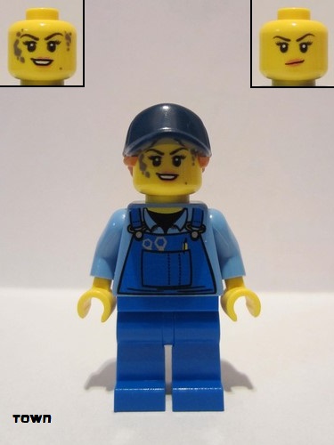 lego 2019 mini figurine twn358 Mechanic Female with Dark Blue Cap, Dark Orange Ponytail, Medium Blue Shirt and Blue Overalls 