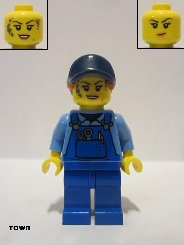 lego 2019 mini figurine twn358a Mechanic Female with Dark Blue Cap, Dark Orange Ponytail, Medium Blue Shirt and Blue Overalls, with Back Print 