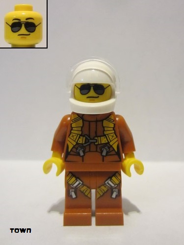 lego 2019 mini figurine twn364 Pilot Dark Orange Jumpsuit, Dark Orange Legs with Straps, White Helmet, Trans-Clear Visor, Black and Silver Sunglasses 