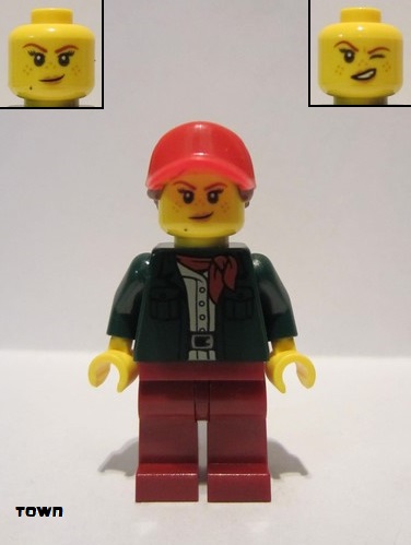 lego 2020 mini figurine cty1099 Safari Tourist Woman Red Ball Cap and Scarf, Dark Green Jacket, Dark Red Legs Casquette et foulard rouges, Veste vert foncé, Jambes rouges foncées