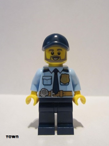 lego 2020 mini figurine cty1120 Police - City Officer Shirt with Dark Blue Tie and Gold Badge, Dark Tan Belt with Radio, Dark Blue Legs, Dark Blue Cap, Full Beard Chemise avec cravate bleu foncé et insigne doré, ceinture brun foncé avec radio, jambes bleu foncé, casquette bleu foncé, barbe complète