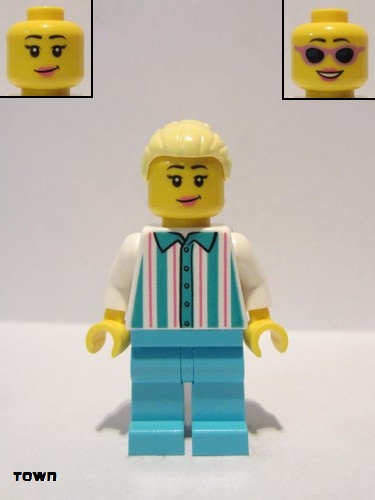 lego 2020 mini figurine cty1151 Fairground Employee Female - Bright Light Yellow Hair with High Bun, White Shirt with Stripes, Medium Azure Legs Femme - Cheveux jaune clair vif avec chignon haut, chemise blanche à rayures, jambes azur moyennes