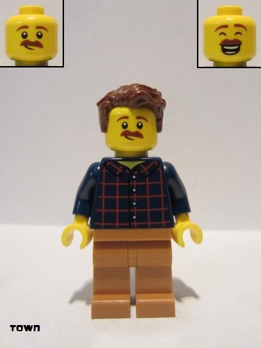 lego 2020 mini figurine cty1152 Dad Dark Blue Plaid Button Shirt, Medium Nougat Legs, Reddish Brown Hair Swept Left Tousled Chemise à boutons écossais bleu foncé, jambes de nougat moyen, cheveux brun rougeâtre balayé à gauche ébouriffé