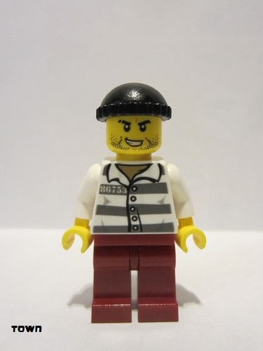 lego 2020 mini figurine cty1156 Police - Jail Prisoner 86753 Prison Stripes, Black Knit Cap, Reddish Brown Legs, Beard Stubble and Lopsided Grin 86753, rayures de prison, Bonnet en tricot noir, pattes brun rougeâtre, chaume de barbe et sourire déséquilibré