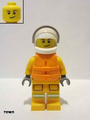 lego 2020 mini figurine cty1157 Fire Reflective Stripes, Bright Light Orange Suit, Life Jacket, White Helmet Bandes réfléchissantes, costume orange clair brillant, gilet de sauvetage, casque blanc