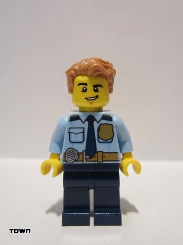 lego 2020 mini figurine cty1158 Police - City Officer Shirt with Dark Blue Tie and Gold Badge, Dark Tan Belt with Radio, Dark Blue Legs, Medium Nougat Tousled Hair Chemise avec cravate bleu foncé et écusson doré, ceinture brun foncé avec radio, jambes bleu foncé, cheveux ébouriffés de nougat moyen