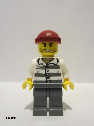 lego 2020 mini figurine cty1159 Police - Jail Prisoner 86753 Prison Stripes, Dark Red Knit Cap, Scar, and Stubble 86753, Rayures de prison, bonnet en tricot rouge foncé, cicatrice et chaume