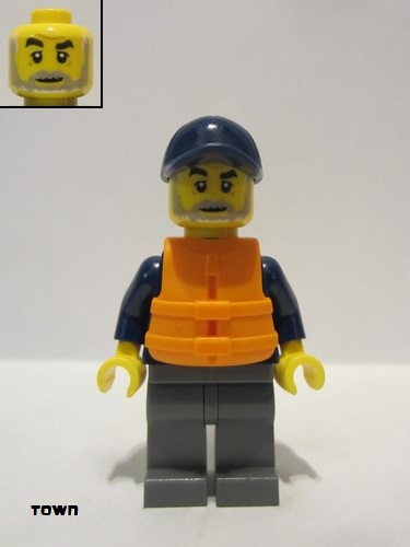 lego 2020 mini figurine cty1177 Deep Sea Explorers Boat Captain Dark Blue Turtleneck Sweater and Cap, Dark Bluish Gray Legs, Life Jacket 