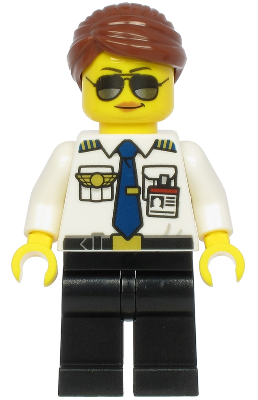 lego 2020 mini figurine cty1189 Pilot Female, Reddish Brown Hair, White Shirt with Dark Blue Tie, Black Legs 