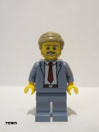 lego 2020 mini figurine cty1192 Plane Passenger Male, Sand Blue Suit, Dark Red Tie, Dark Tan Hair Short Combed Sideways, Beard 