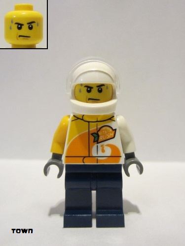 lego 2020 mini figurine cty1198 Helicopter Pilot Jacket with 'VITA RUSH' Logo, Dark Blue Legs, White Helmet 